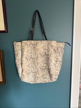 Neutral Snake-Print Tote with Black Straps